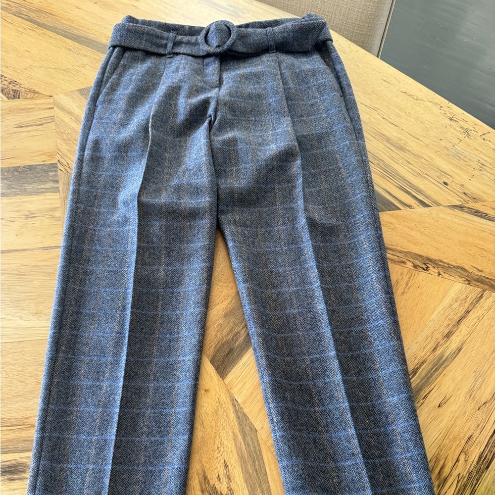 Sezane blue herringbone plaid belted pleated Trousers